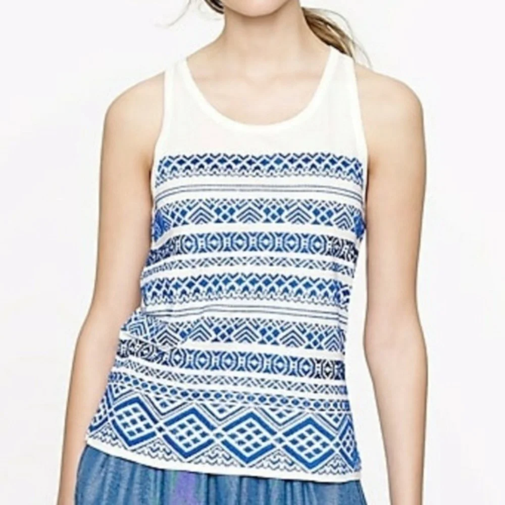 J. Crew white with blue embroidered tank top - Picture 2 of 6